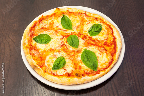 Typical Italian margarita pizza with lots of mozzarella cheese, tomato and basil leaves