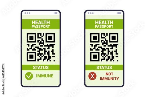 Health passport of vaccination on mobile phone screen with qr-code Test for coronavirus infection International vaccination certificate app with on-line tracking virus infection immune Travel concept