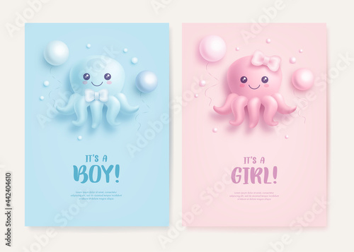Set of baby shower invitation with cartoon octopus and helium balloons on blue and pink background. It's a boy. It's a girl. Vector illustration