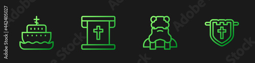 Set line Priest, Ark of noah, Flag with christian cross and . Gradient color icons. Vector