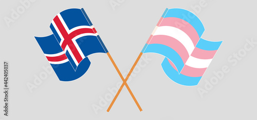 Crossed and waving flags of Iceland and Transgender Pride