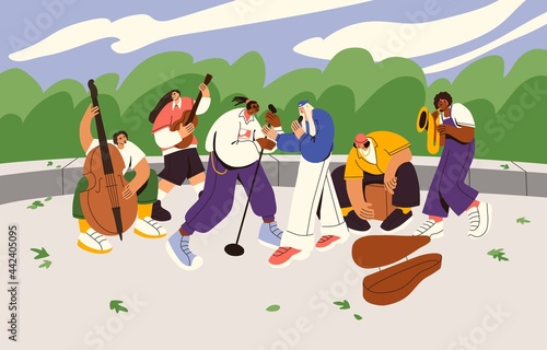 Group of street musicians playing music instruments and singing outdoor. Entertainment band of singers and instrumentalists in city park. Flat vector illustration of young people with microphone.