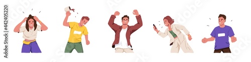 Set of crazy angry people in stress, expressing anger, rage and hate. Negative aggressive emotions of furious men and women. Colored flat graphic vector illustration isolated on white background.