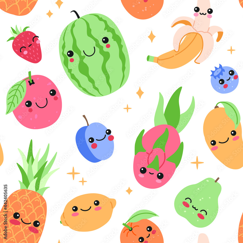 Funny cute baby fruits with smiling face cartoon seamless pattern. Happy kawaii tropical food repeat background. Magic stars, exotic characters in flat doodle style. Modern trendy vector illustration Funny cute baby fruits with smiling face cartoon seamless pattern. Happy kawaii tropical food repeat background. Magic stars, exotic characters in flat doodle style. Modern trendy vector illustration