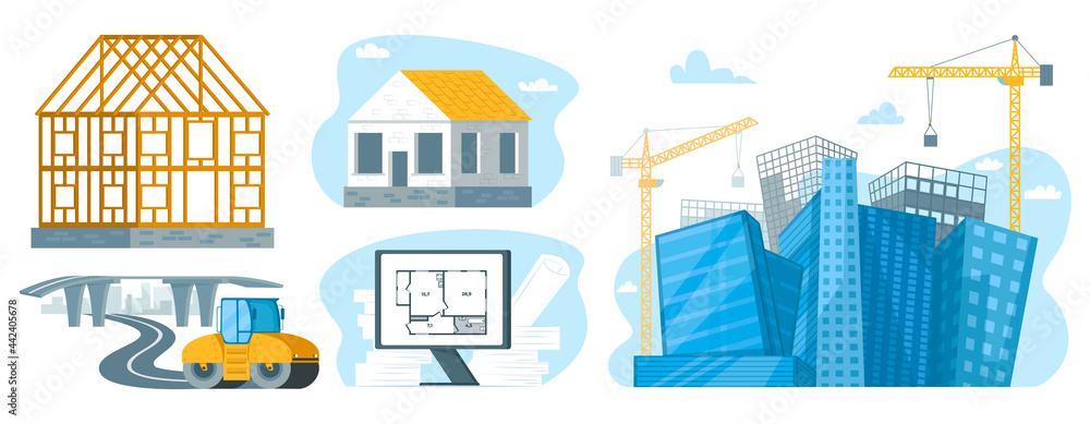 Vector Set Repair, Construction Works of City. It shows Houses under Construction made of Wood and Brick, High Rise Buildings, Highway Suspension Roads, laying, Frame, Scheme Drawing of Apartment Plan