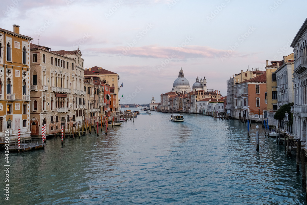 The Grand Canal at sunset with the Santa Maria della Salute basilica in the background, Venice, Italy