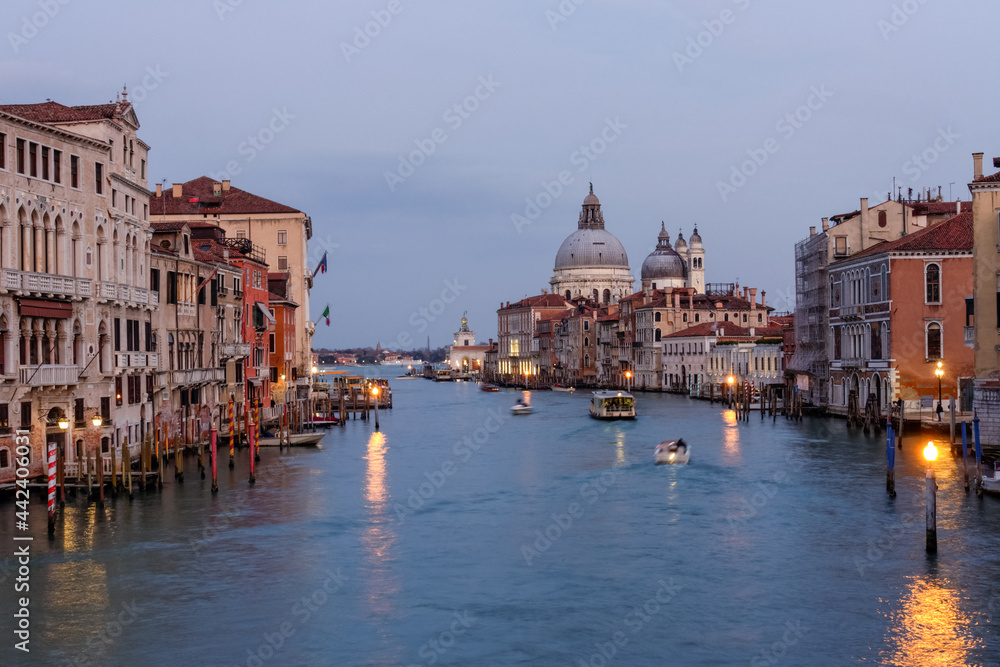 The Grand Canal at sunset with the Santa Maria della Salute basilica in the background, Venice, Italy