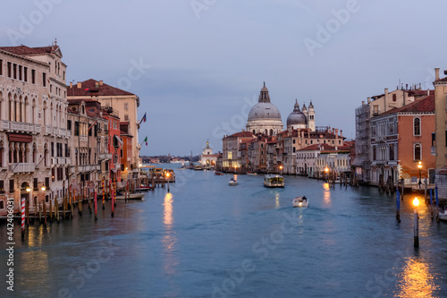 The Grand Canal at sunset with the Santa Maria della Salute basilica in the background  Venice  Italy