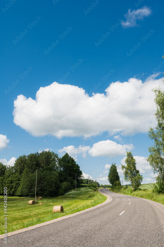 Scenic countryside landscape. Empty asphalt road. Summer nature. Blue cloudy sky. Green trees. Haystack on grass.