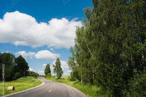 Scenic countryside landscape. Empty asphalt road. Summer nature. Blue cloudy sky. Green trees. Haystack on grass. © Anastasia