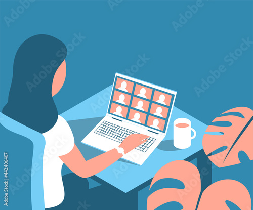 The girl sits in front of a laptop and communicates via video. Video conference with colleagues or friends. Cartoon isometric close up illustration photo