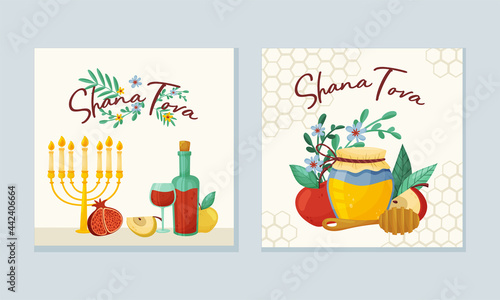 Rosh Hashana Jewish Holiday Greeting Card with Attributes and Symbolic Food Vector Set