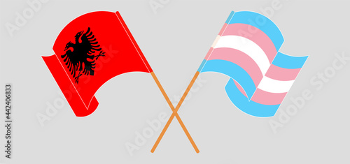 Crossed and waving flags of Albania and Transgender Pride