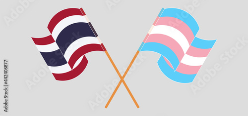 Crossed and waving flags of Thailand and Transgender Pride