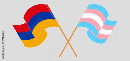Crossed and waving flags of Armenia and Transgender Pride