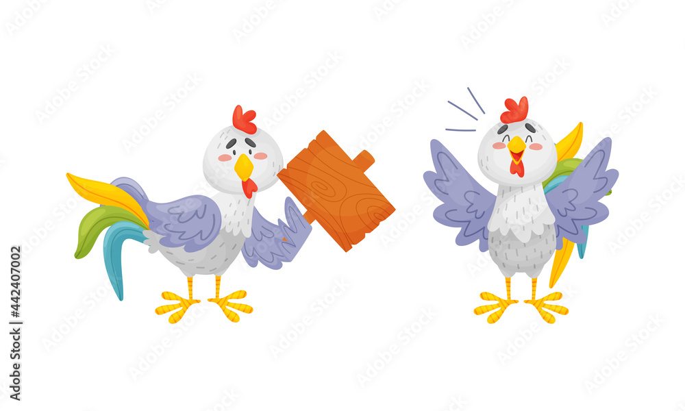 Rooster Funny Character with Bright Feathers Crowing and Holding Wooden Board Vector Set Rooster Funny Character with Bright Feathers Crowing and Holding Wooden Board Vector Set