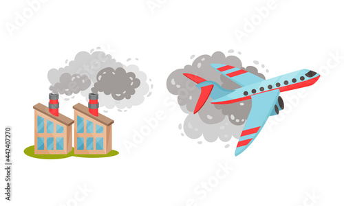 Air Pollution Sources with Industrial Radioactive Waste and Air Traffic Vector Scene Set