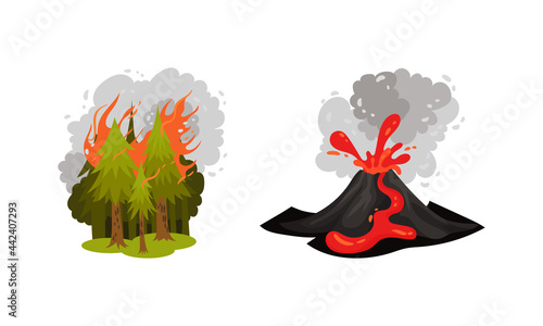 Air Pollution Sources with Smoke from Volcano Eruption and Destructive Fire Vector Scene Set