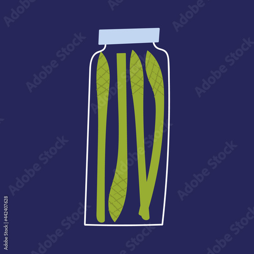 Pickled asparagus in the glass jar. Flat hand drawn pickled vegetable. Cute container for canning with homemade marinated asparagus.