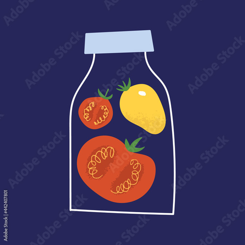 Pickled tomatoes in the glass jar. Flat hand drawn pickled vegetable. Cute container for canning with homemade marinated tomato.