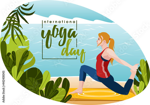 Illustration for international yoga day 21 June. A young woman in a yoga pose stands against the backdrop of the ocean. Vector illustration.
