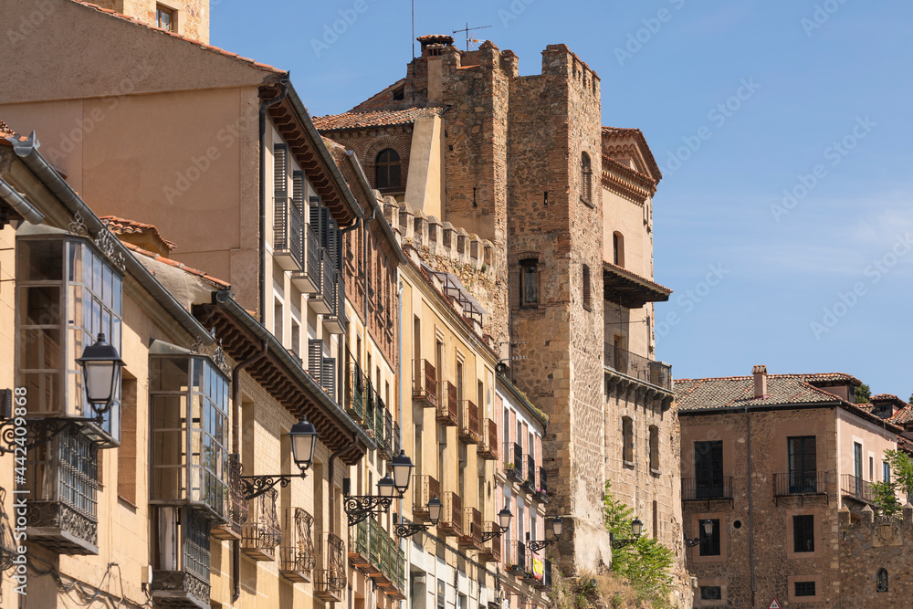 View of some of the emblematic buildings of Segovia next to the Casa de los Marqueses de Lozoya, San Juan street