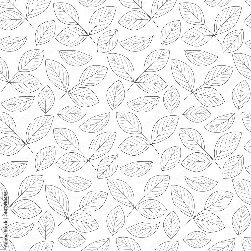The contours of the leaves. Seamless vector black and white pattern. Outlines of leaves on a white background.