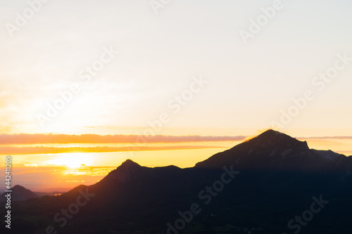 Mountain Landscape. Panoramic View Of Mountains Against Sky During Sunset