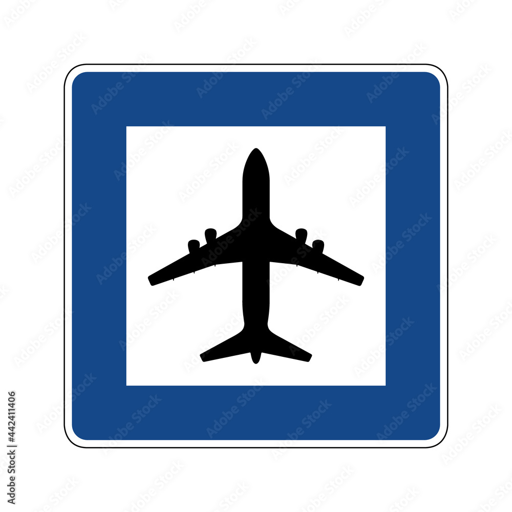 Airport road sign. Vector illustration of blue traffic sign with black passenger airplane icon inside. Airport terminal symbol isolated on background. Air transport concept.