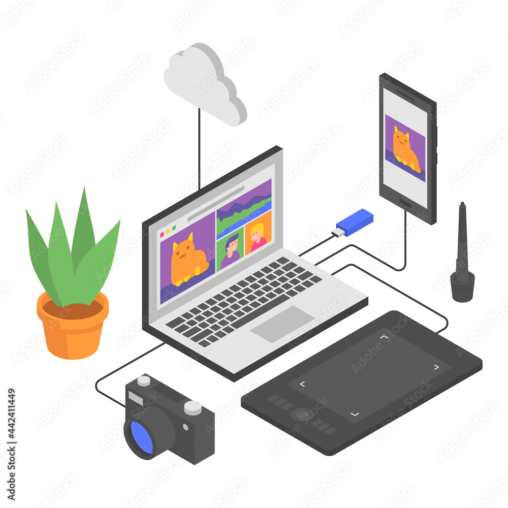 Laptop smartphone graphic tablet camera flash drive cloud flower. Composition in isometric. Vector Illustration Laptop smartphone graphic tablet camera flash drive cloud flower. Composition in isometric. Vector Illustration