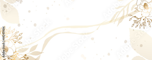 Luxurious golden wallpaper. Gold leaves wall art with shiny light texture. Modern art mural wallpaper. White background and watercolor stains. Vector illustration.