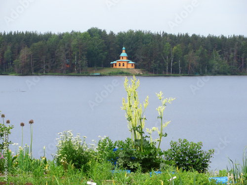 Church of Panteleimon in the distance on the Roshchinskoe lake in summer. Alexander Svirsky monastery. Village Staraya Sloboda, Leningrad region, Russia photo