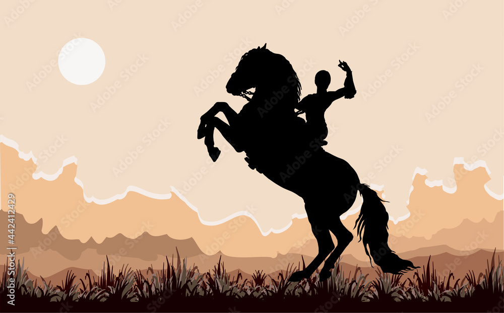 silhouette of a rider riding a rearing horse, isolated on a white, colored, landscape background silhouette of a rider riding a rearing horse, isolated on a white, colored, landscape background