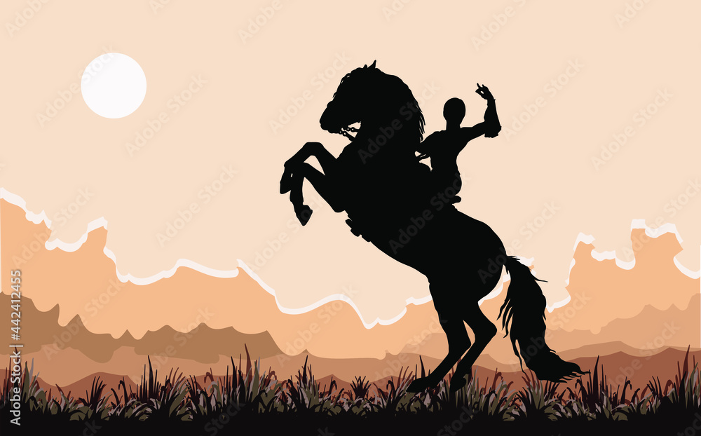 silhouette of a rider riding a rearing horse, isolated on a white, colored, landscape background silhouette of a rider riding a rearing horse, isolated on a white, colored, landscape background