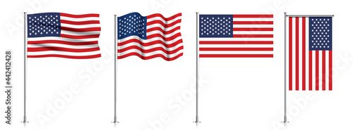 Vector set of USA flags on a metallic pole, isolated on a white background.