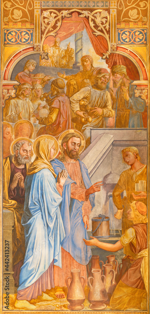 VIENNA, AUSTIRA - JUNI 24, 2021: The fresco of the Wedding at Canna in the Votivkirche church by brothers Carl and Franz Jobst (sc. half of 19. cent.).