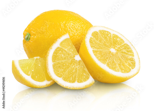 Ripe juicy lemon and lemon slices isolated on white background. Fresh fruits.