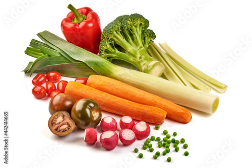 Composition with raw vegetables, isolated on white background.