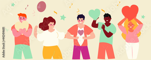 Happy people group holding hearts and celebrate the moment. Men and women smile, dance and spread positive vibes. Love, charity, volunteering Valentine's Mother's or Women's day concept card. Vector.