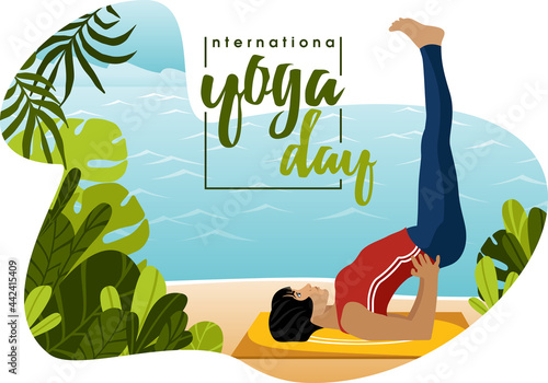 Illustration for international yoga day 21 June. Young brunette woman is engaged in yoga on the background of the ocean, lifting her legs up. Vector illustration.