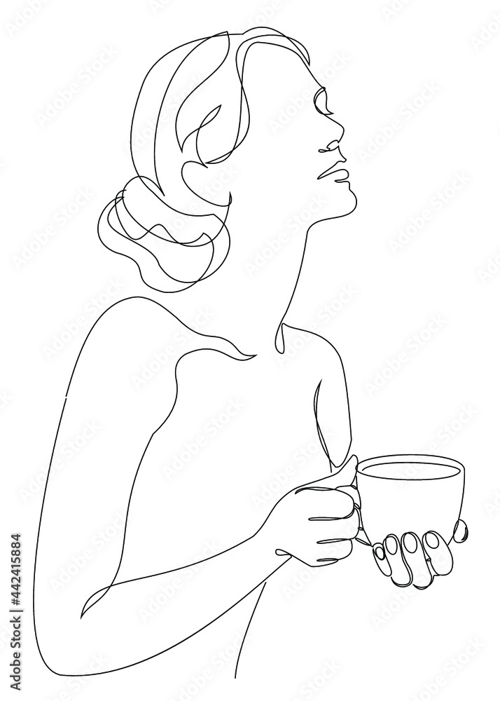 Silhouettes of a lady, she is holding a cup of coffee, tea in a modern one-line style. Solid line, aesthetic outline for home decor, posters, stickers, logo. Vector illustration. Silhouettes of a lady, she is holding a cup of coffee, tea in a modern one-line style. Solid line, aesthetic outline for home decor, posters, stickers, logo. Vector illustration.