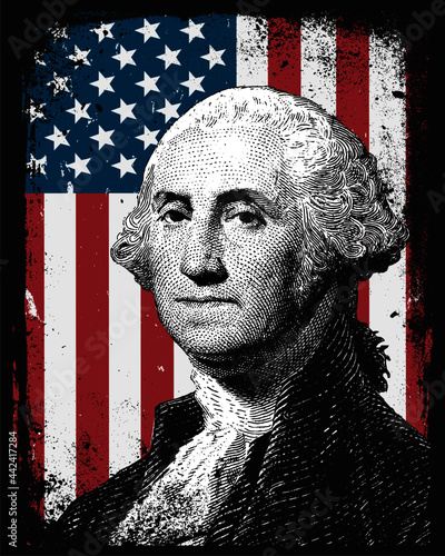 George Washington First President of the United States of America USA Grunge American Flag Background Distress 