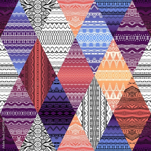 Magic rhombus pattern with abstract mystical ornament in native american style. Ethnic print with Aztec, Brazilian motifs. Seamless homespun fabric. Cloth vector design. Spiritual fashion.