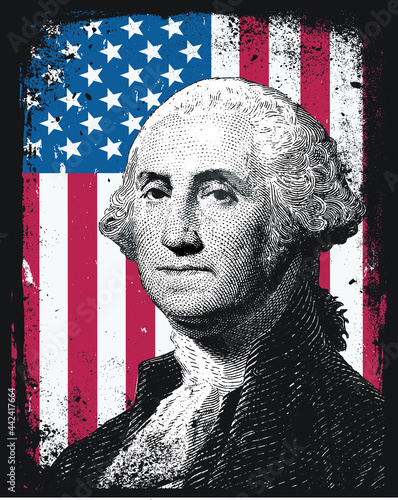 George Washington First President of the United States of America USA Grunge American Flag Background Distress 