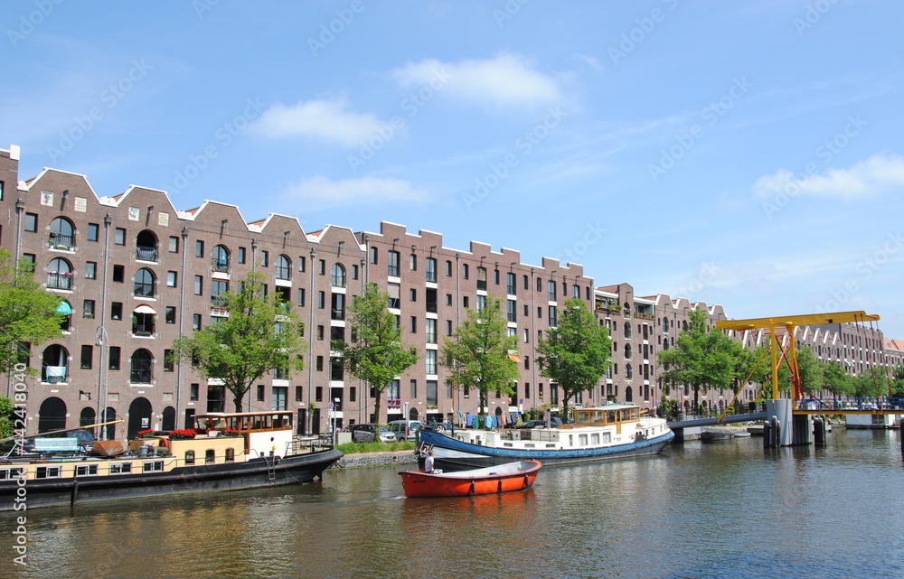View on the Entrepotdok (Warehouse Dock), with its long  row of former warehouses (1708 and 1829), now converted into apartments
