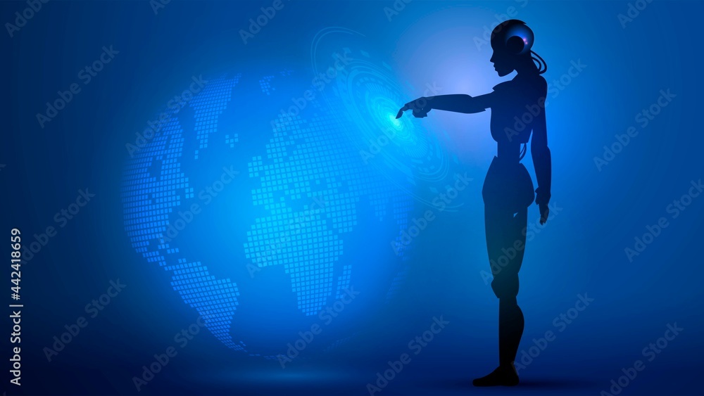 Silhouette of a robot points a finger at a glowing hologram of a world map Silhouette of a robot points a finger at a glowing hologram of a world map