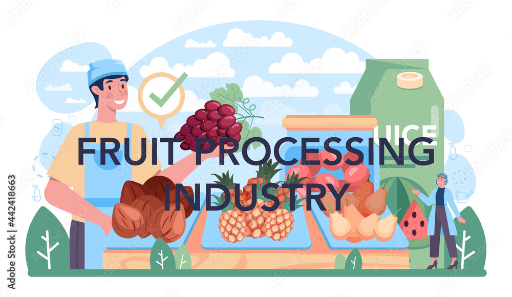 Obraz premium Fruit processing industry typographic header. Idea of agriculture