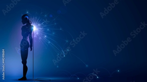 Silhouette of a robot with sparks from the back, broken android