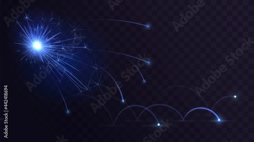 Blue sparks from short circuit or welding, electrical discharge on transparent background