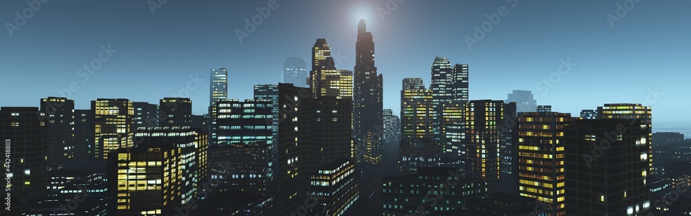 Panorama of the evening city, night skyscrapers, 3D rendering